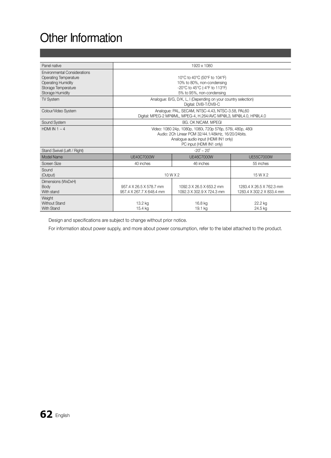 Samsung UE46C7000WWXRU, UE46C7000WWXBT, UE40C7000WWXBT, UE40C7000WWXRU manual Specifications 