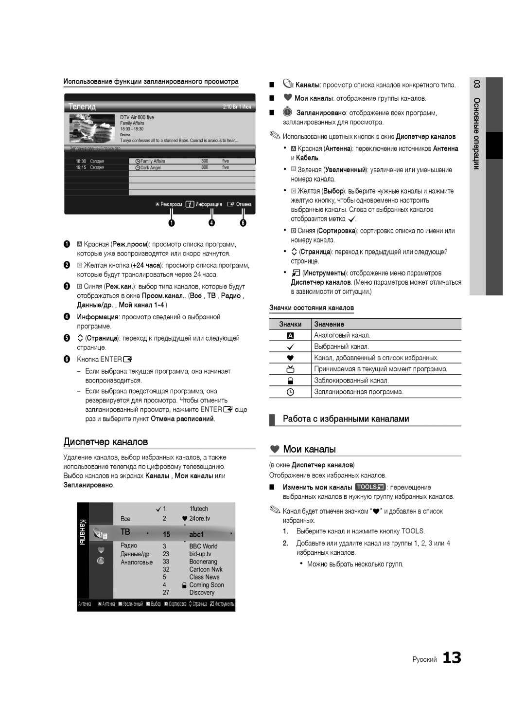 Samsung UE40C7000WWXRU, UE46C7000WWXBT, UE40C7000WWXBT manual Диспетчер каналов, Мои каналы, Работа с избранными каналами 