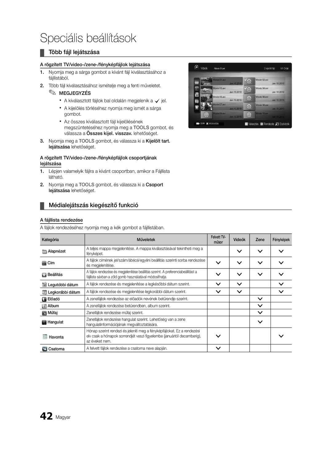 Samsung UE40C7000WWXXC, UE46C7000WWXXH, UE46C7000WWXXC manual Több fájl lejátszása, Médialejátszás kiegészítő funkció 