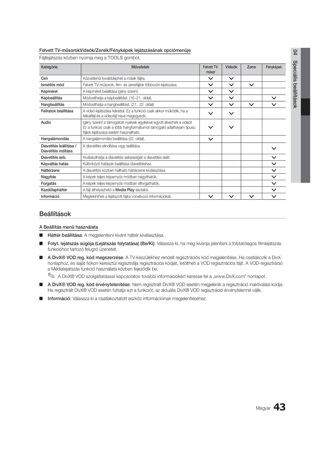 Samsung UE55C7000WWXXC, UE46C7000WWXXH, UE46C7000WWXXC manual Beállítások, Feliratfájl és a videofájl neve megegyezik Audio 