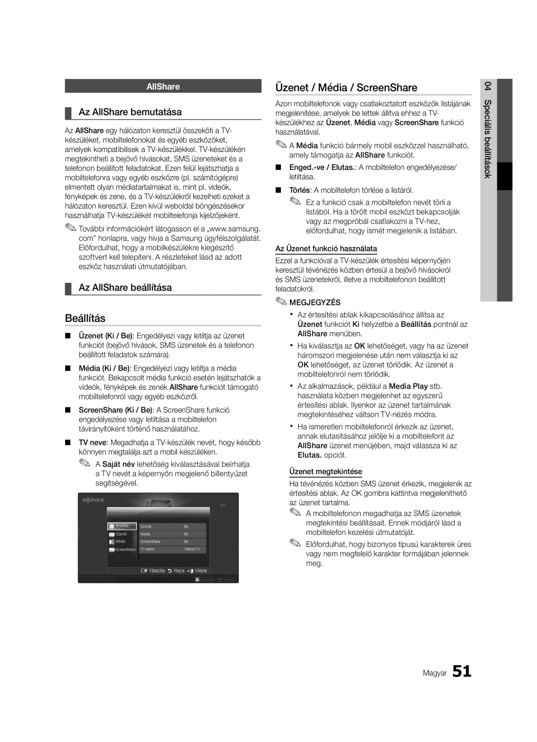 Samsung UE55C7000WWXXH manual Beállítás, Üzenet / Média / ScreenShare, Az AllShare bemutatása, Az AllShare beállítása 