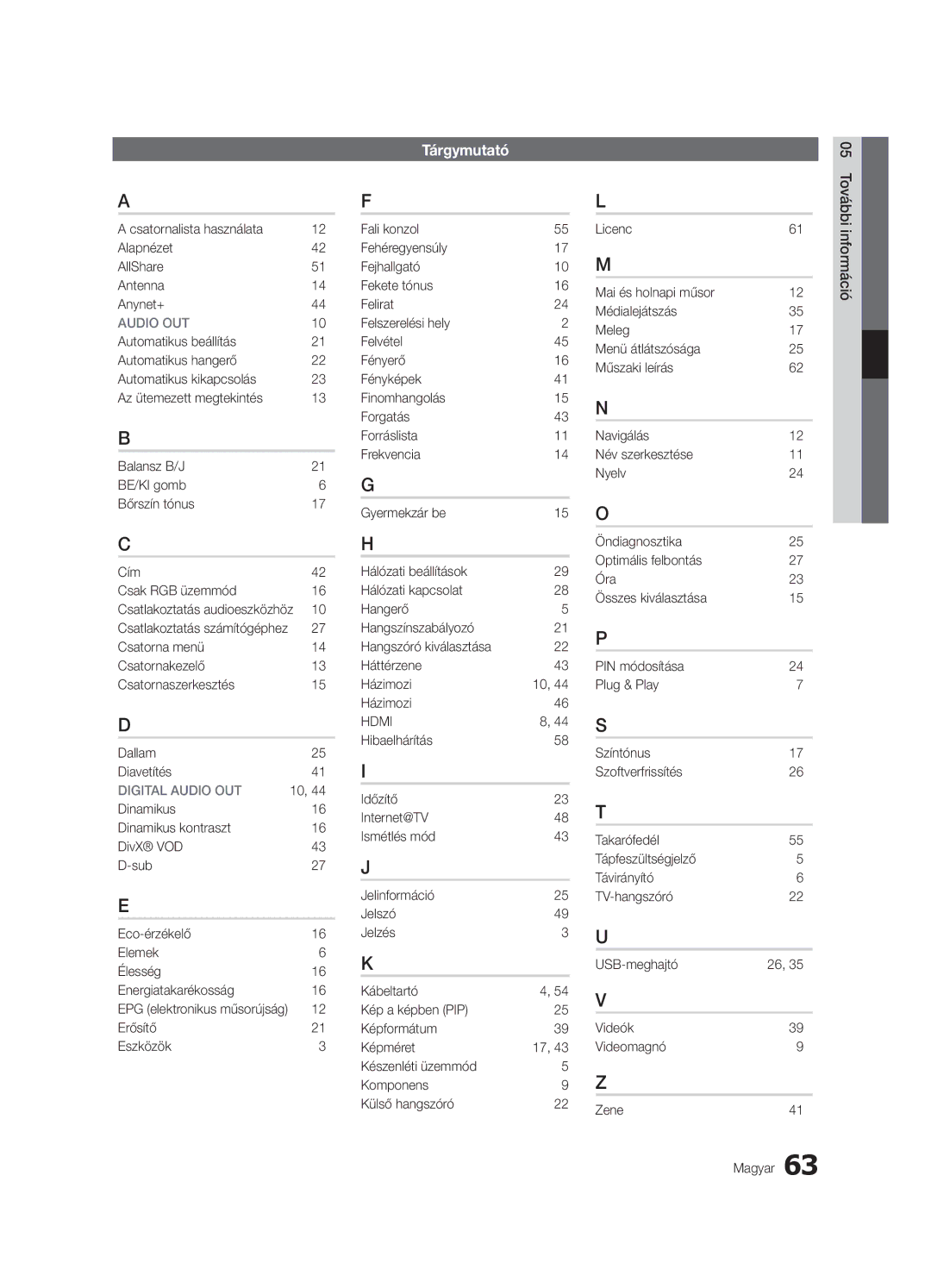 Samsung UE55C7000WWXXH manual Tárgymutató, Csatornalista használata Alapnézet AllShare Antenna Anynet+, Erősítő Eszközök 