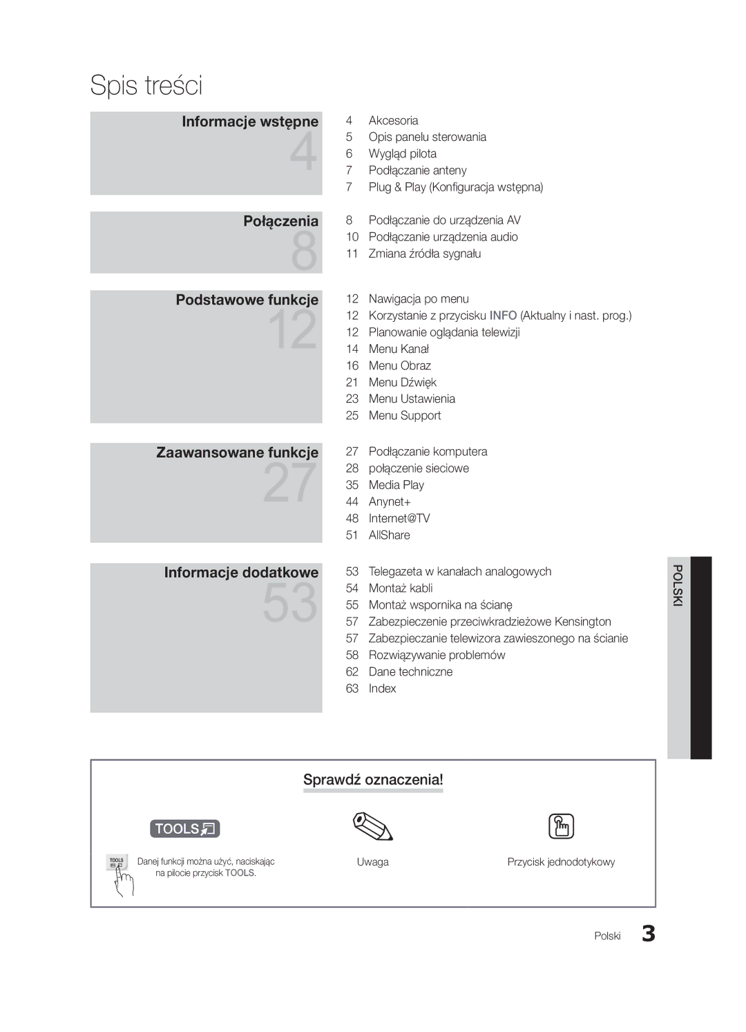 Samsung UE46C7000WWXXC, UE46C7000WWXXH, UE40C7000WWXXC manual Spis treści, Sprawdź oznaczenia, Uwaga, Przycisk jednodotykowy 