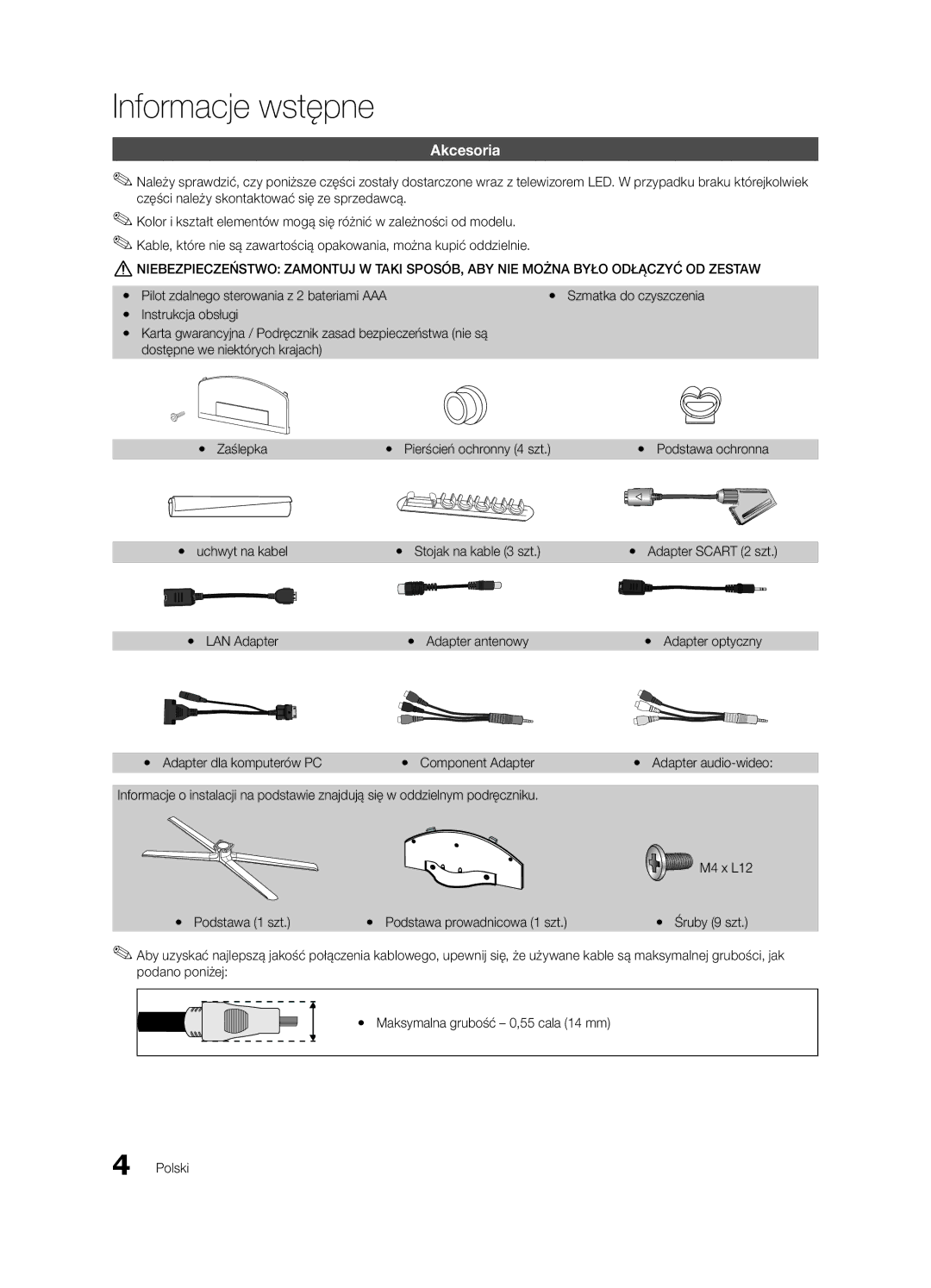 Samsung UE40C7000WWXXC manual Informacje wstępne, Akcesoria, Yy Zaślepka, Yy LAN Adapter, Yy Adapter dla komputerów PC 