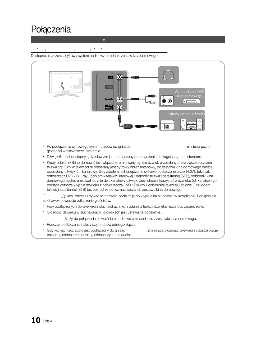 Samsung UE40C7000WWXXC, UE46C7000WWXXH, UE46C7000WWXXC, UE55C7000WWXXC, UE40C7000WWXXH manual Podłączanie urządzenia audio 