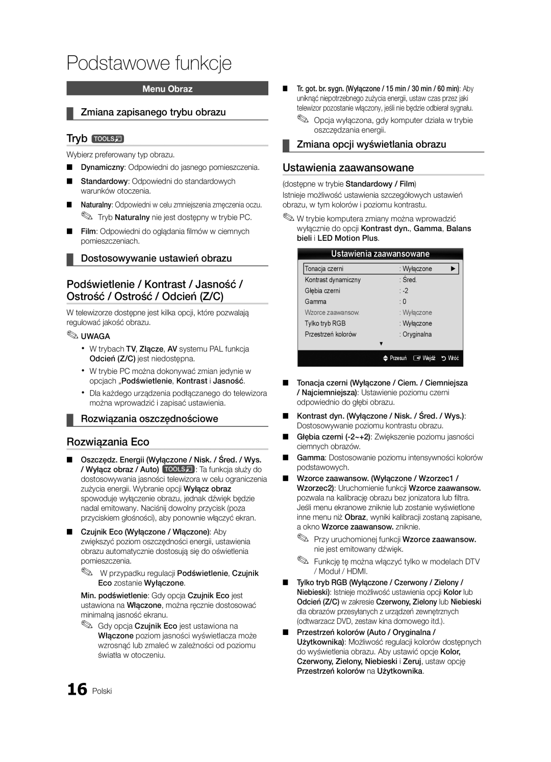 Samsung UE40C7000WWXXC, UE46C7000WWXXH, UE46C7000WWXXC, UE55C7000WWXXC manual Tryb t, Rozwiązania Eco, Ustawienia zaawansowane 