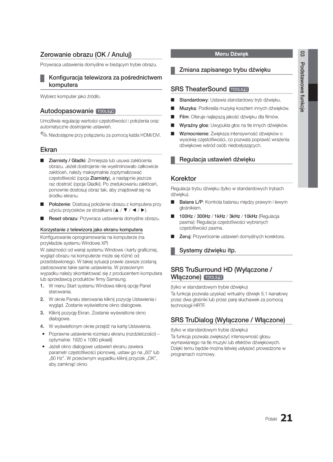 Samsung UE46C7000WWXXC, UE46C7000WWXXH, UE40C7000WWXXC Zerowanie obrazu OK / Anuluj, Autodopasowanie t, Ekran, Korektor 