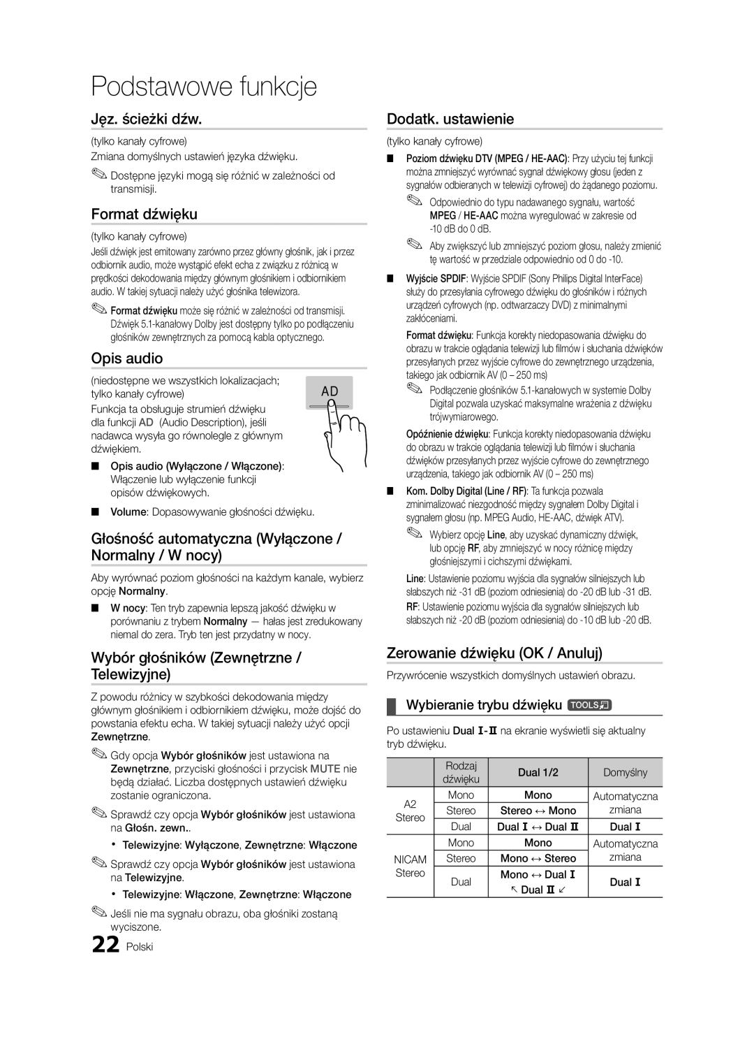 Samsung UE40C7000WWXXC Jęz. ścieżki dźw, Format dźwięku, Opis audio, Głośność automatyczna Wyłączone / Normalny / W nocy 