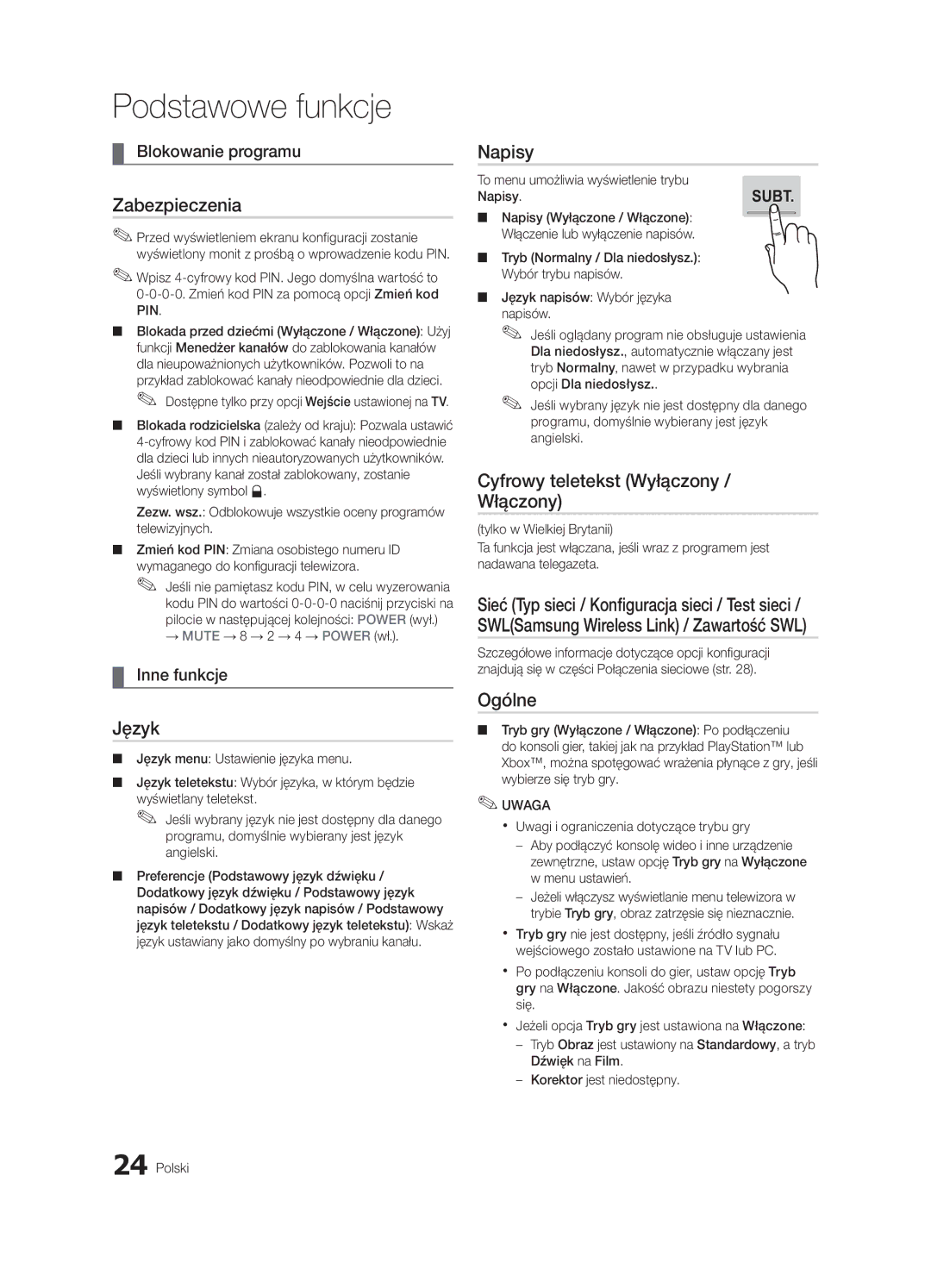 Samsung UE40C7000WWXXH, UE46C7000WWXXH manual Zabezpieczenia, Język, Napisy, Cyfrowy teletekst Wyłączony Włączony, Ogólne 