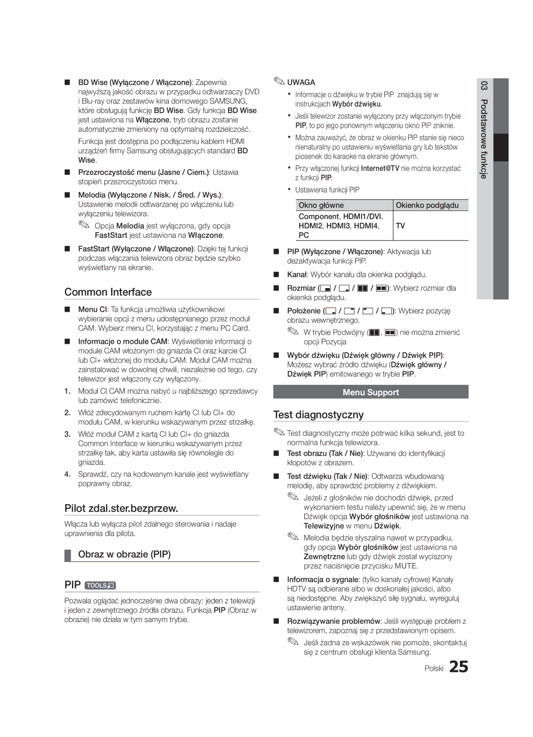 Samsung UE55C7000WWXXH, UE46C7000WWXXH Pilot zdal.ster.bezprzew, Test diagnostyczny, Obraz w obrazie PIP, Menu Support 