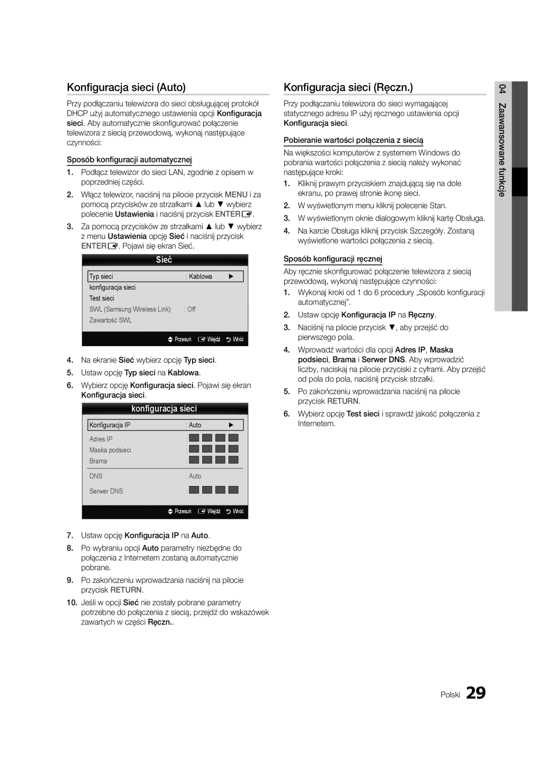 Samsung UE55C7000WWXXC manual Konfiguracja sieci Auto, Konfiguracja sieci Ręczn, Sieć, Sposób konfiguracji ręcznej 