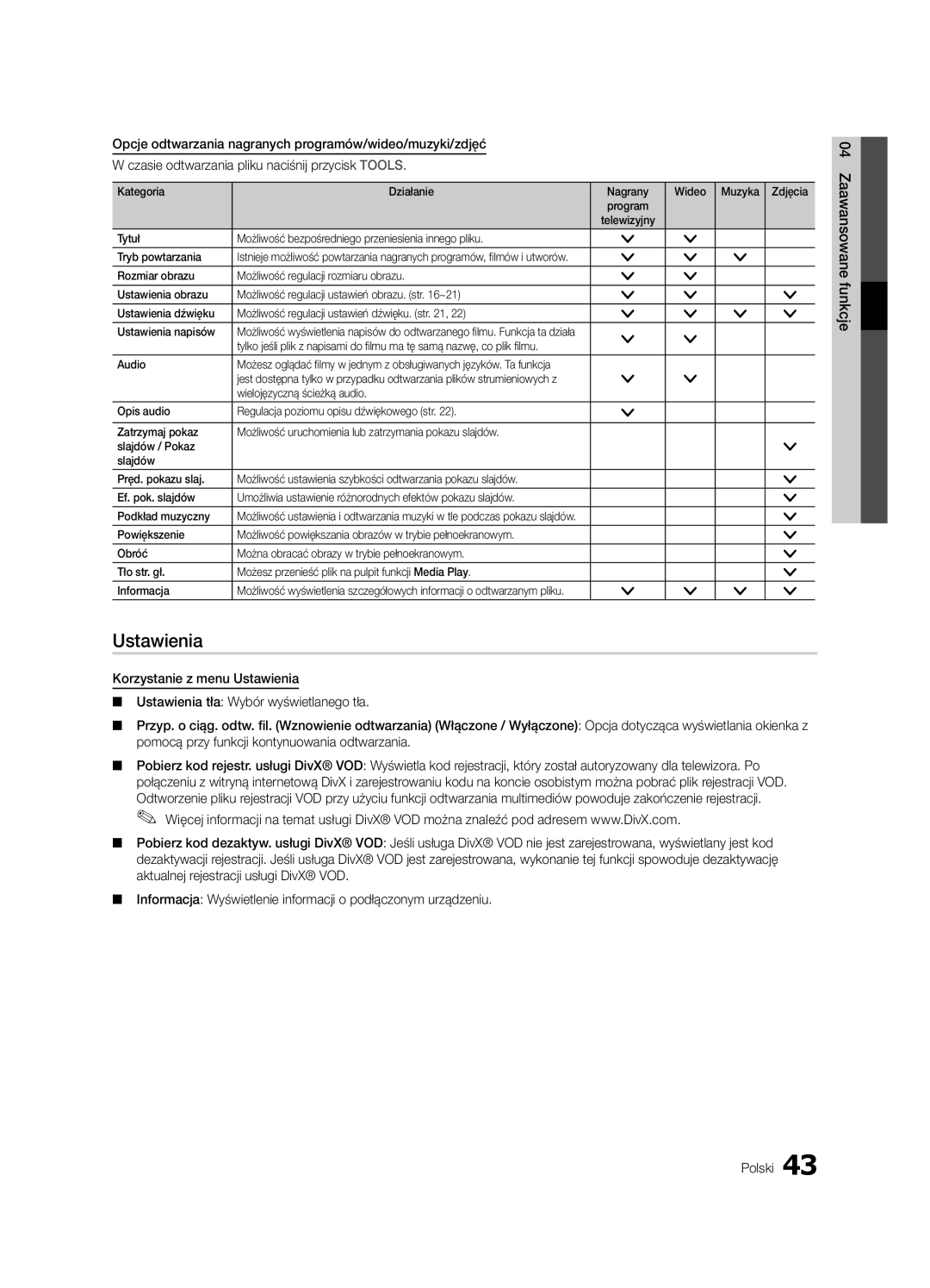 Samsung UE55C7000WWXXH, UE46C7000WWXXH, UE46C7000WWXXC manual Ustawienia, Kategoria Działanie Nagrany Wideo Muzyka Zdjęcia 