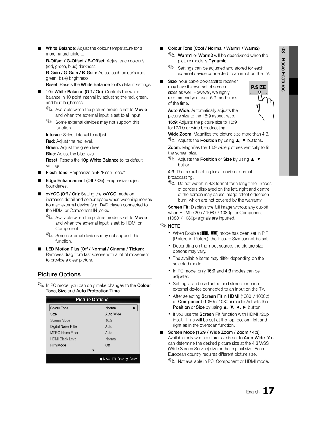 Samsung UE55C7000WWXXH manual Picture Options, Size Your cable box/satellite receiver, May have its own set of screen 