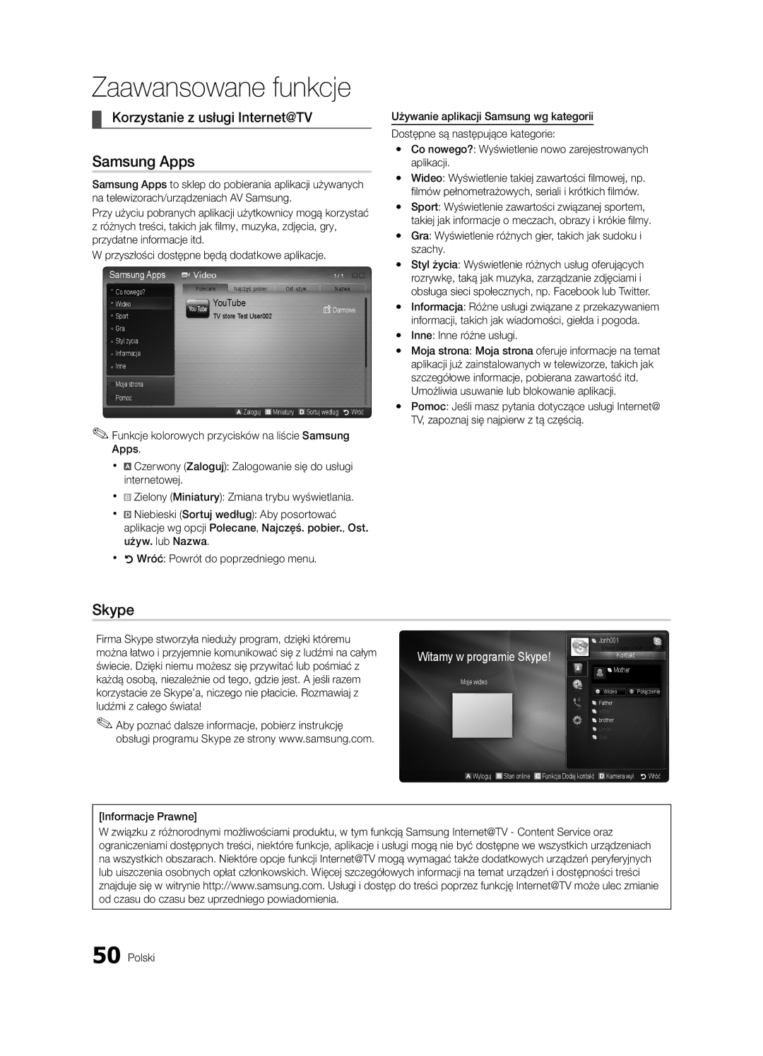 Samsung UE46C7000WWXXH manual Korzystanie z usługi Internet@TV, Witamy w programie Skype, Yy Inne Inne różne usługi 