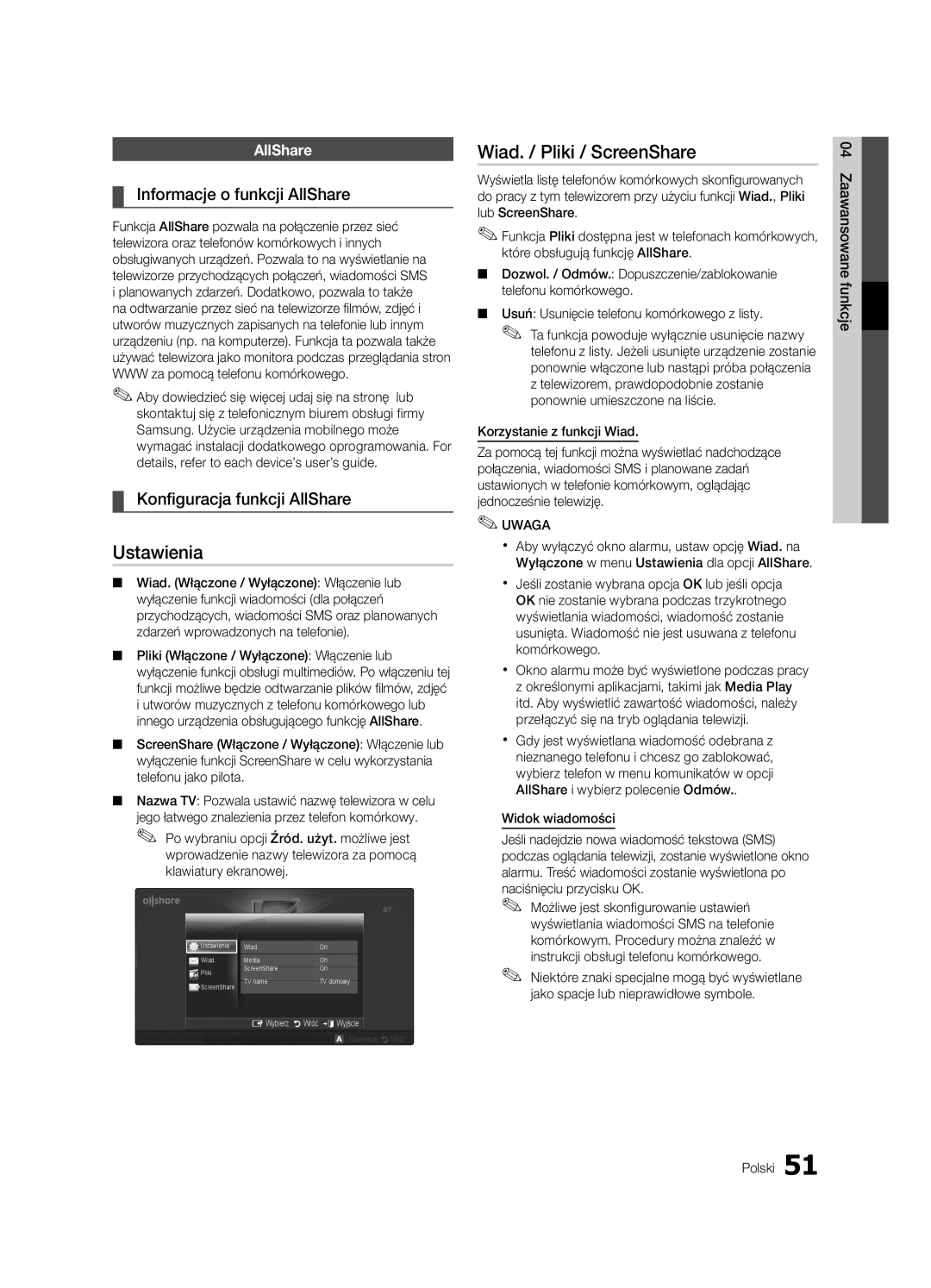 Samsung UE46C7000WWXXC manual Wiad. / Pliki / ScreenShare, Informacje o funkcji AllShare, Konfiguracja funkcji AllShare 