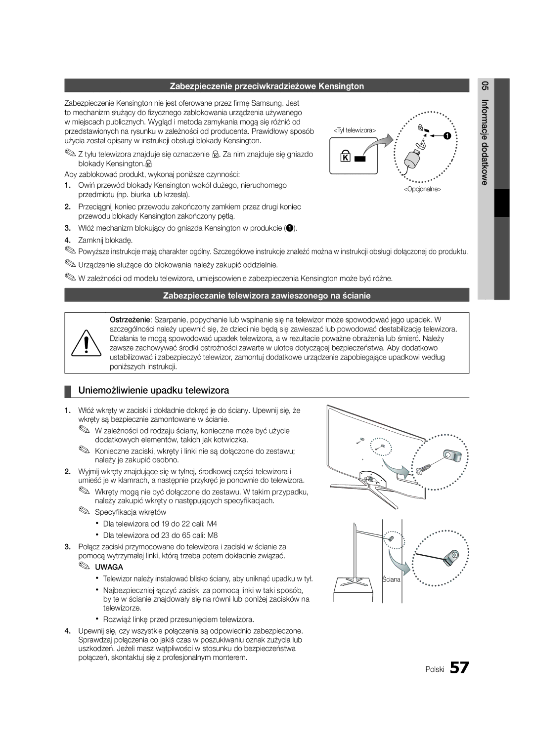 Samsung UE46C7000WWXXC manual Uniemożliwienie upadku telewizora, Zabezpieczenie przeciwkradzieżowe Kensington, Opcjonalne 