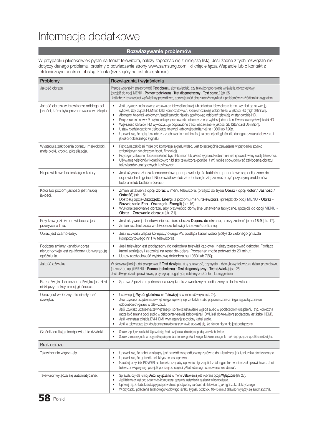 Samsung UE40C7000WWXXC, UE46C7000WWXXH manual Rozwiązywanie problemów, Problemy Rozwiązania i wyjaśnienia, Brak obrazu 