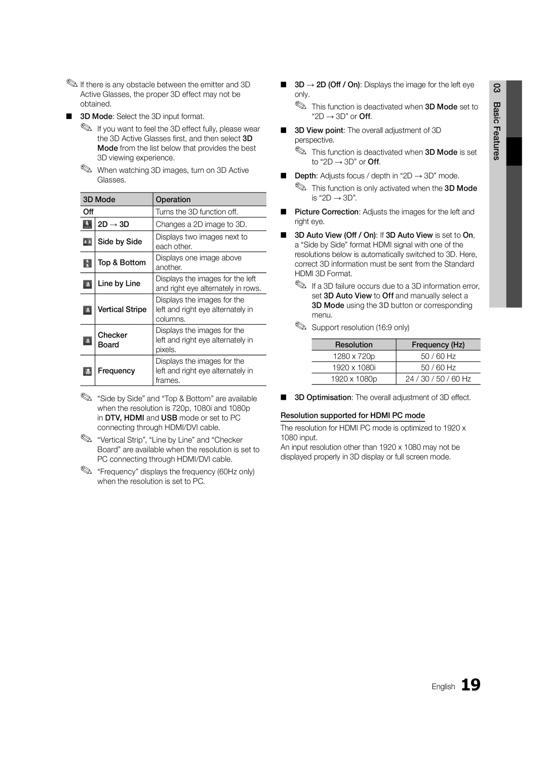 Samsung UE46C7000WWXXC manual Displays the images for, 60 Hz, 03FeaturesBasic English, Right eye alternately in rows 