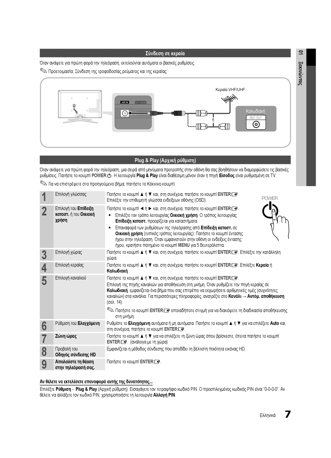 Samsung UE46C7000WWXXC, UE46C7000WWXXH, UE40C7000WWXXC manual Σύνδεση σε κεραία, Plug & Play Αρχική ρύθμιση, Ζώνη ώρας 