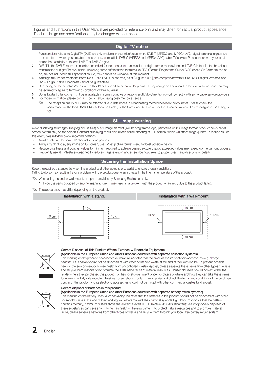 Samsung UE40C7000WWXXC, UE46C7000WWXXH, UE46C7000WWXXC, UE55C7000WWXXC manual Installation with a wall-mount, English, 10 cm 