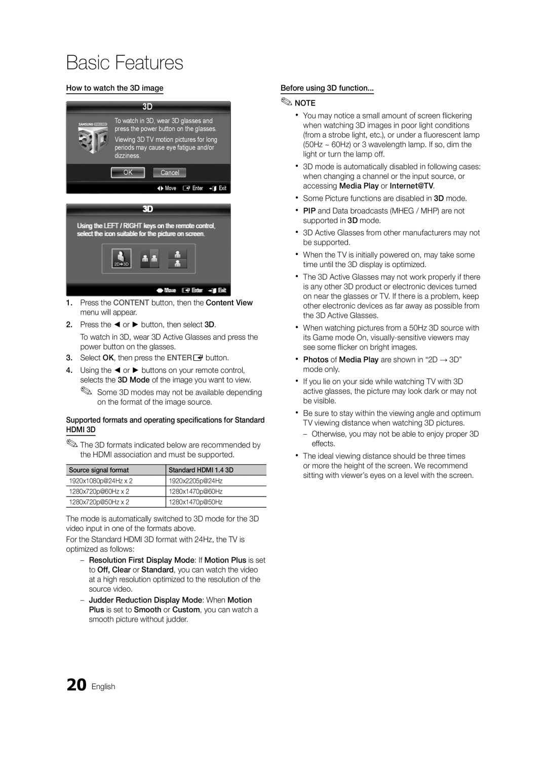 Samsung UE40C7000WWXXC, UE46C7000WWXXH, UE46C7000WWXXC manual How to watch the 3D image, On the format of the image source 