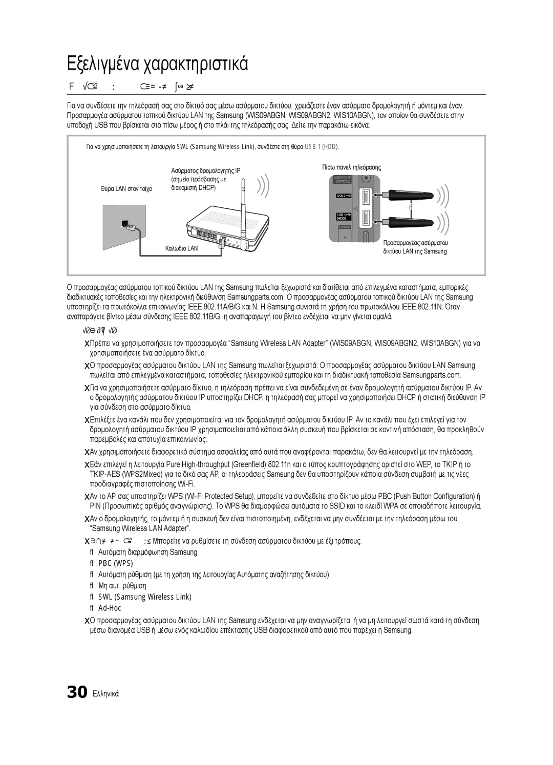 Samsung UE46C7000WWXXH, UE46C7000WWXXC manual Σύνδεση σε ασύρματο δίκτυο, SWL Samsung Wireless Link Ad-Hoc, 30 Ελληνικά 