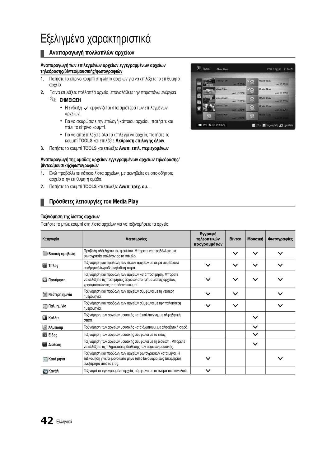 Samsung UE46C7000WWXXH Αναπαραγωγή πολλαπλών αρχείων, Πρόσθετες λειτουργίες του Media Play, Ταξινόμηση της λίστας αρχείων 