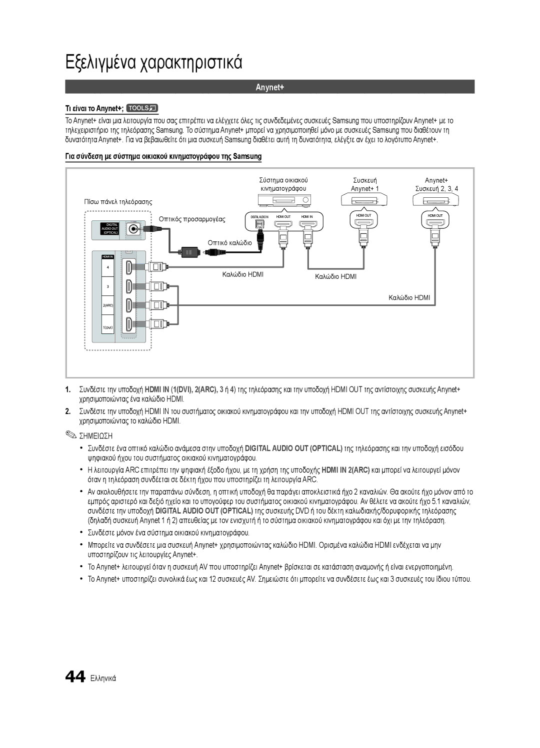 Samsung UE40C7000WWXXC Τι είναι το Anynet+ t, Για σύνδεση με σύστημα οικιακού κινηματογράφου της Samsung, 44 Ελληνικά 