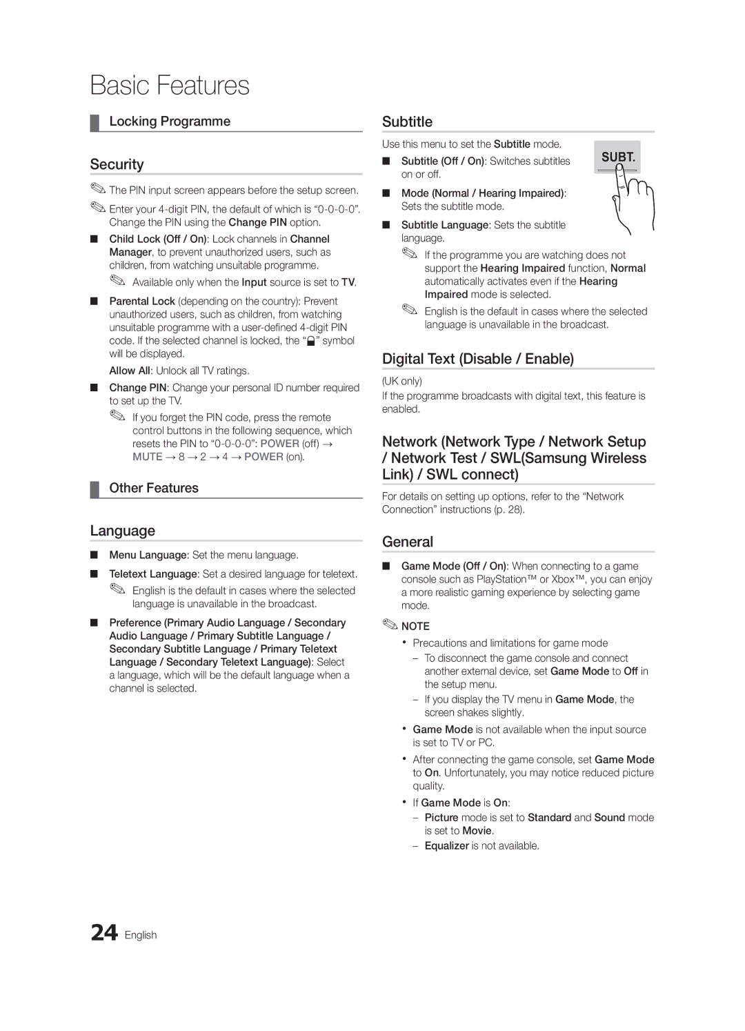 Samsung UE46C7000WWXXH, UE46C7000WWXXC, UE40C7000WWXXC Security, Language, Subtitle, Digital Text Disable / Enable, General 