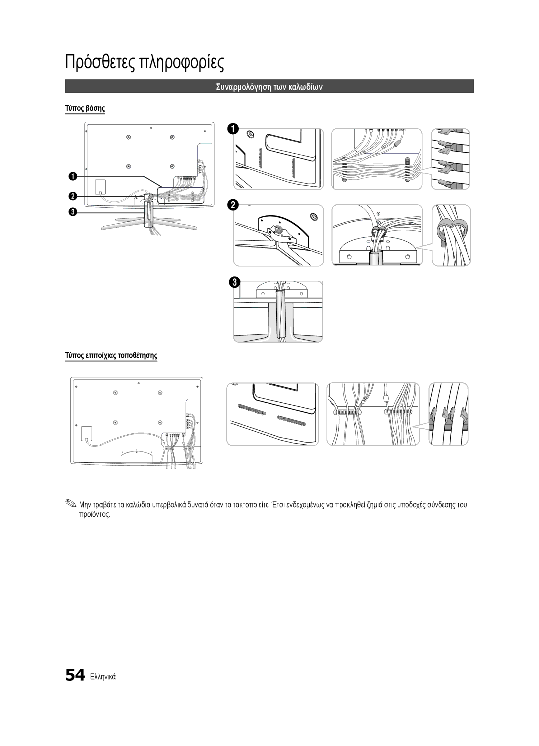 Samsung UE46C7000WWXXH manual Πρόσθετες πληροφορίες, Συναρμολόγηση των καλωδίων, Τύπος βάσης Τύπος επιτοίχιας τοποθέτησης 