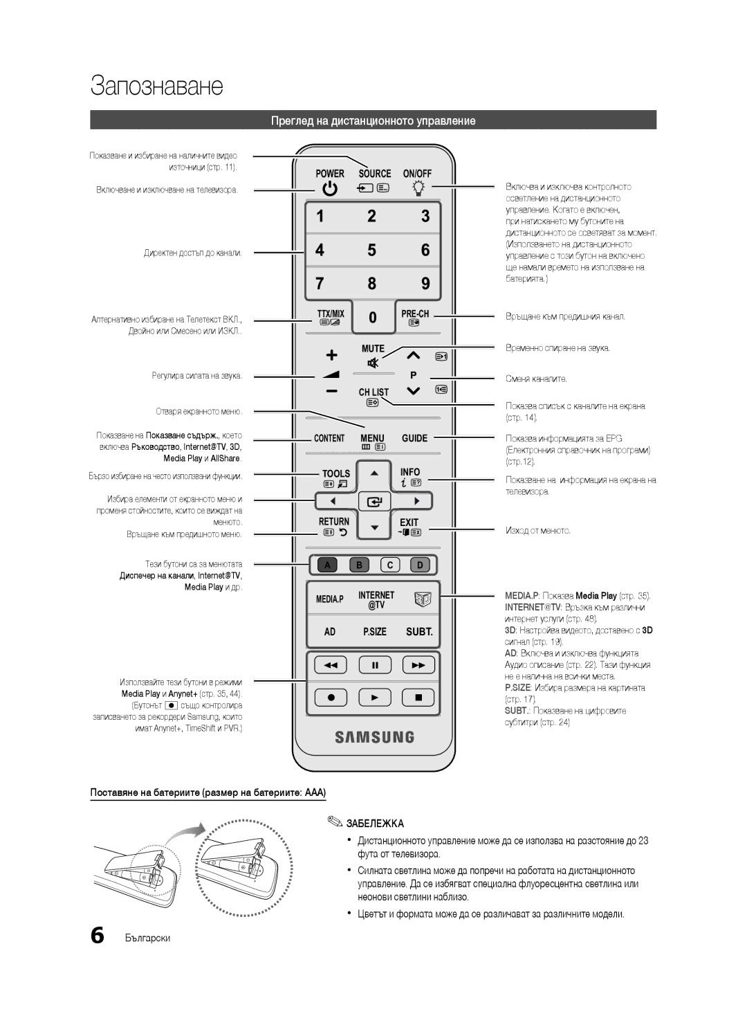 Samsung UE40C7000WWXXC manual Преглед на дистанционното управление, Поставяне на батериите размер на батериите AAA 