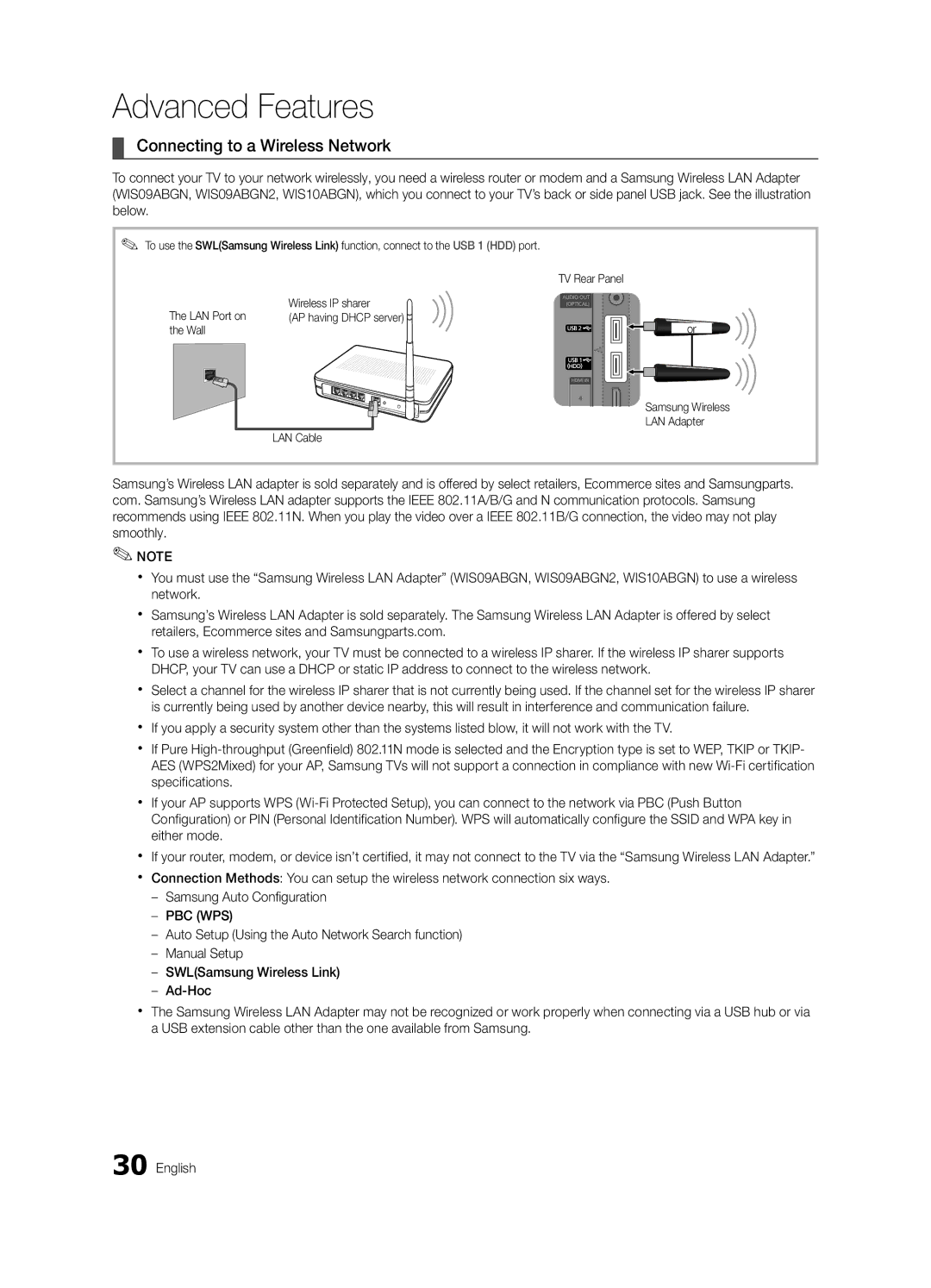 Samsung UE46C7000WWXXH, UE46C7000WWXXC, UE40C7000WWXXC, UE55C7000WWXXC, UE40C7000WWXXH manual Connecting to a Wireless Network 