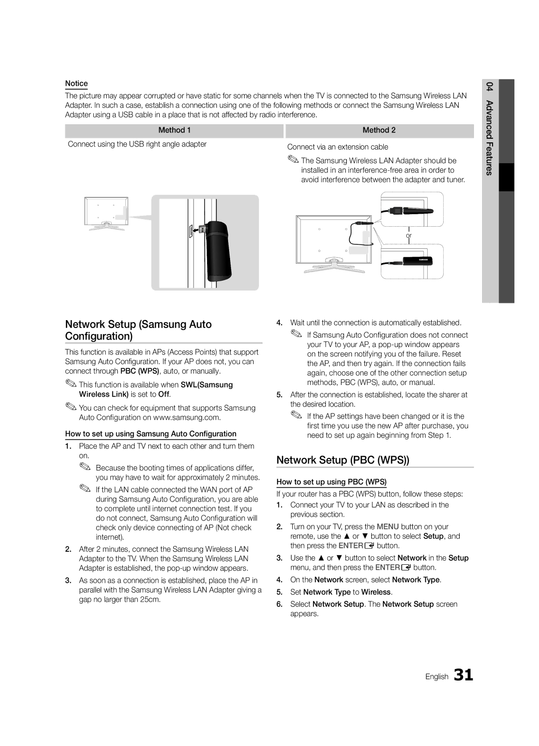 Samsung UE46C7000WWXXC, UE46C7000WWXXH Network Setup Samsung Auto Configuration, Network Setup PBC WPS, Desired location 