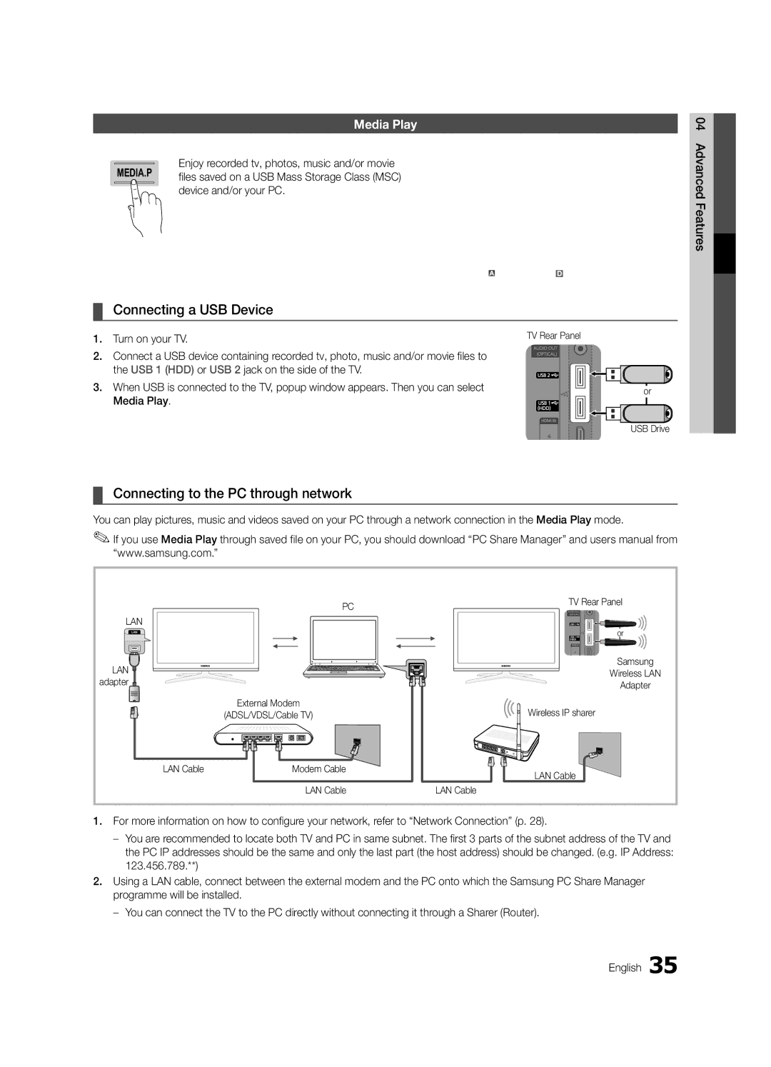 Samsung UE55C7000WWXXH, UE46C7000WWXXH manual Connecting a USB Device, Connecting to the PC through network, Media Play 