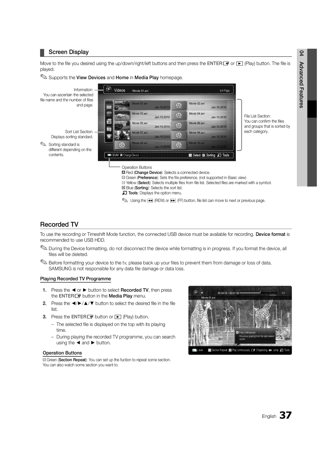 Samsung UE46C7000WWXXC manual Recorded TV, Screen Display, Sorting standard is different depending on the contents 