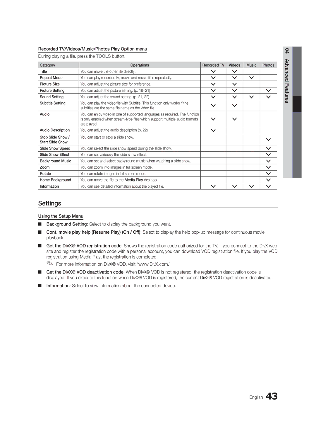 Samsung UE46C7000WWXXC, UE46C7000WWXXH Settings, Recorded TV/Videos/Music/Photos Play Option menu, Press the Tools button 