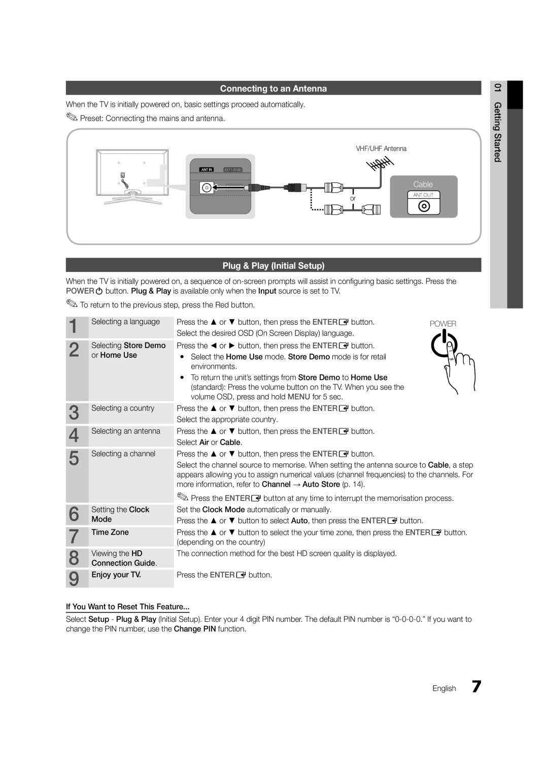 Samsung UE46C7000WWXXC, UE46C7000WWXXH, UE40C7000WWXXC Connecting to an Antenna, Plug & Play Initial Setup, VHF/UHF Antenna 