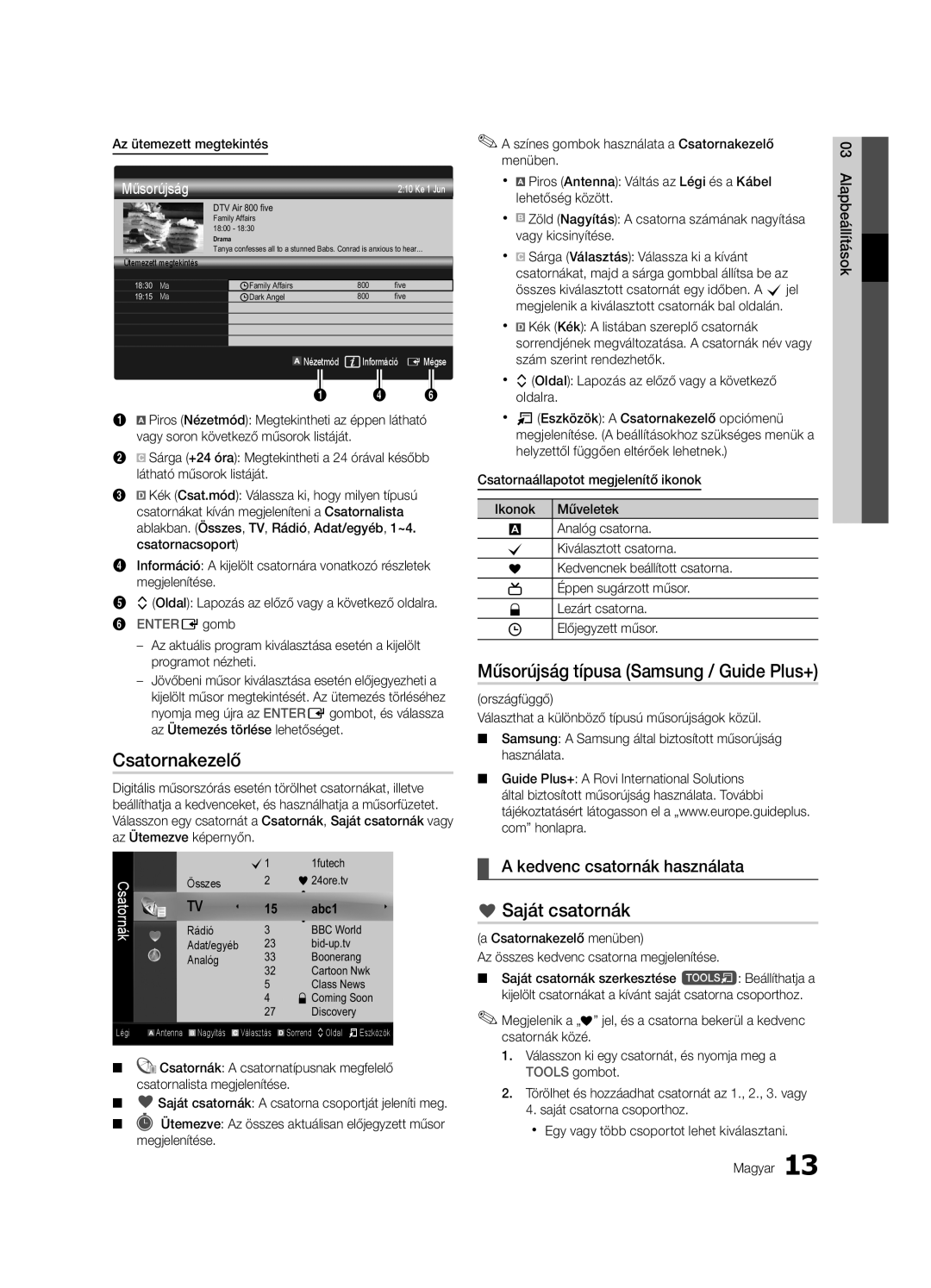 Samsung UE55C7000WWXXC, UE46C7000WWXXH manual Csatornakezelő, Saját csatornák, Kedvenc csatornák használata, Műsorújság 