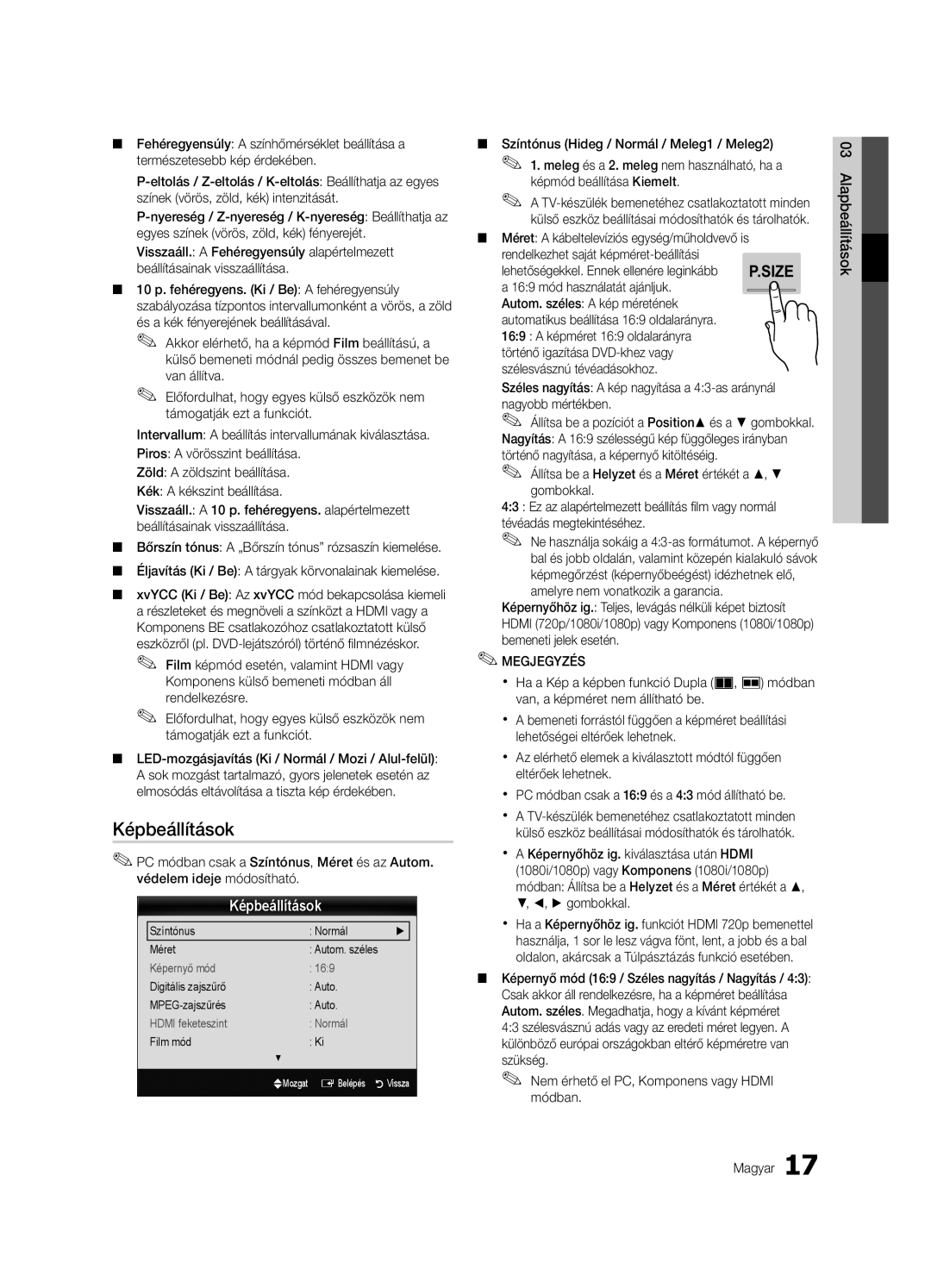 Samsung UE46C7000WWXXC, UE46C7000WWXXH, UE40C7000WWXXC manual Képbeállítások, Színtónus Hideg / Normál / Meleg1 / Meleg2 