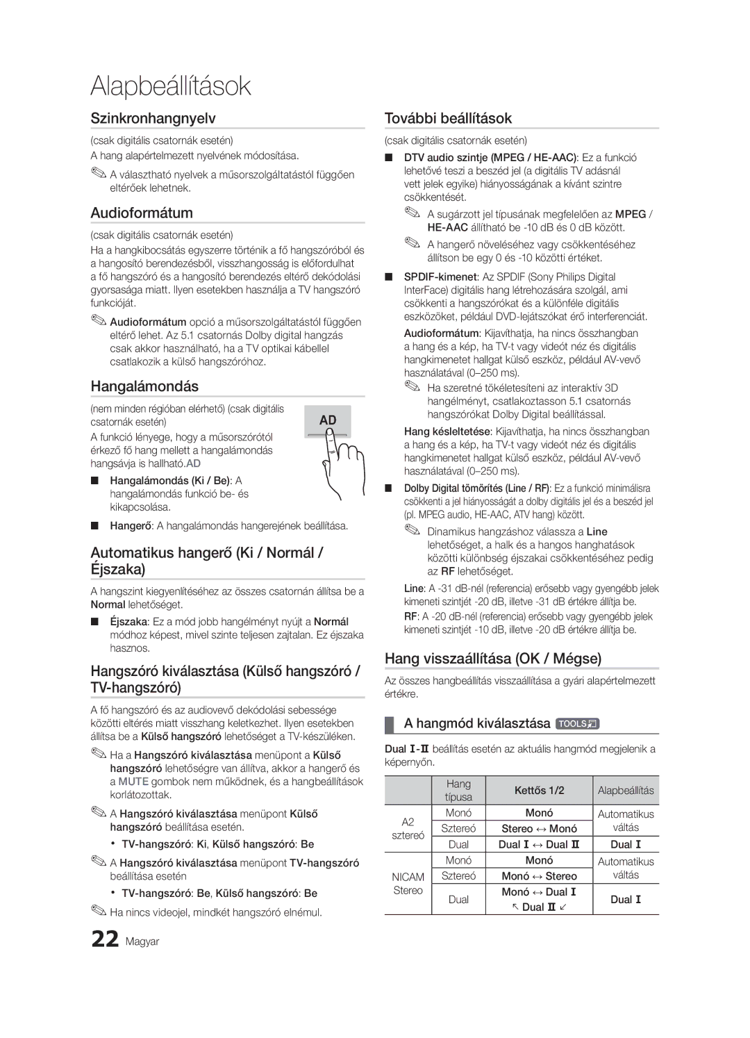 Samsung UE46C7000WWXXH manual Szinkronhangnyelv, Audioformátum, Hangalámondás, Automatikus hangerő Ki / Normál / Éjszaka 