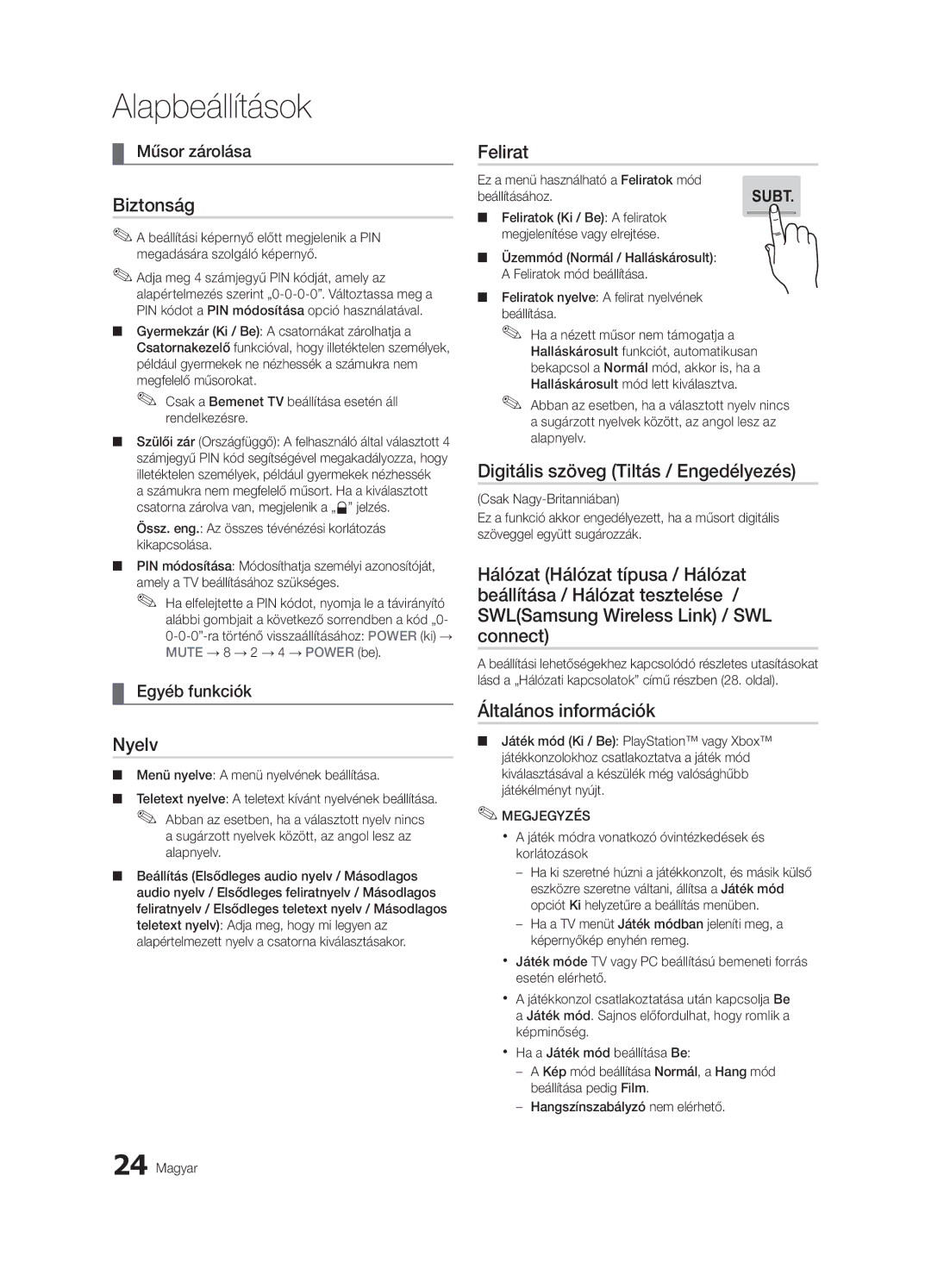 Samsung UE40C7000WWXXC manual Biztonság, Nyelv, Felirat, Digitális szöveg Tiltás / Engedélyezés, Általános információk 