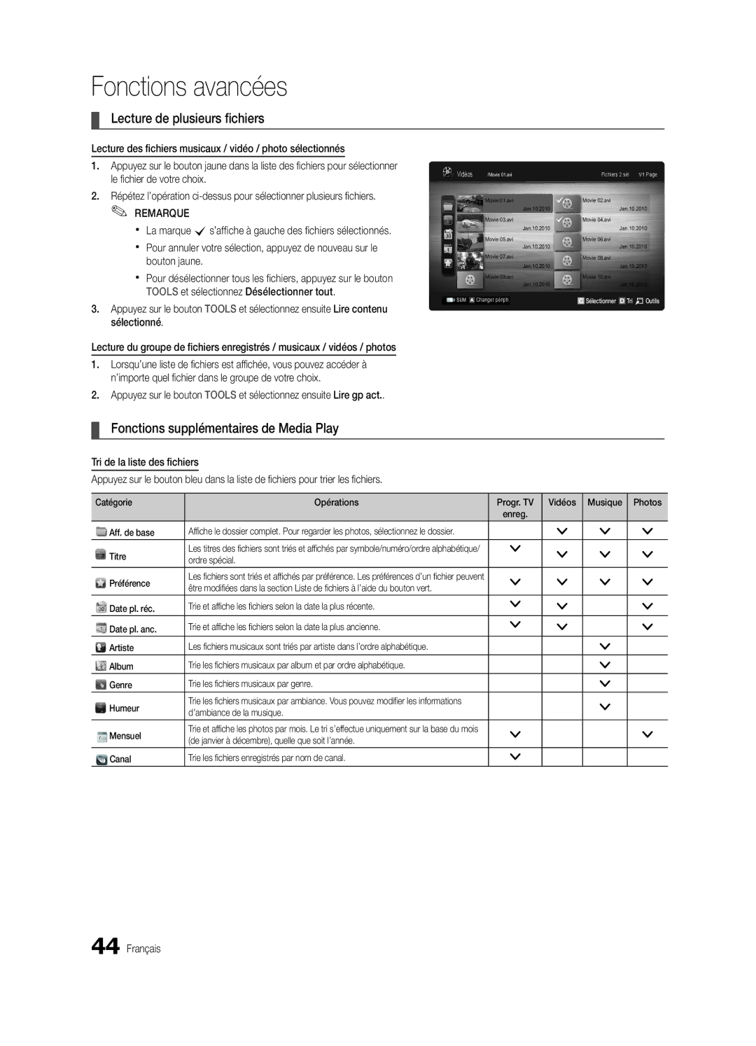 Samsung UE46C7700WZXZG, UE46C7700WSXXN manual Lecture de plusieurs fichiers, Fonctions supplémentaires de Media Play 