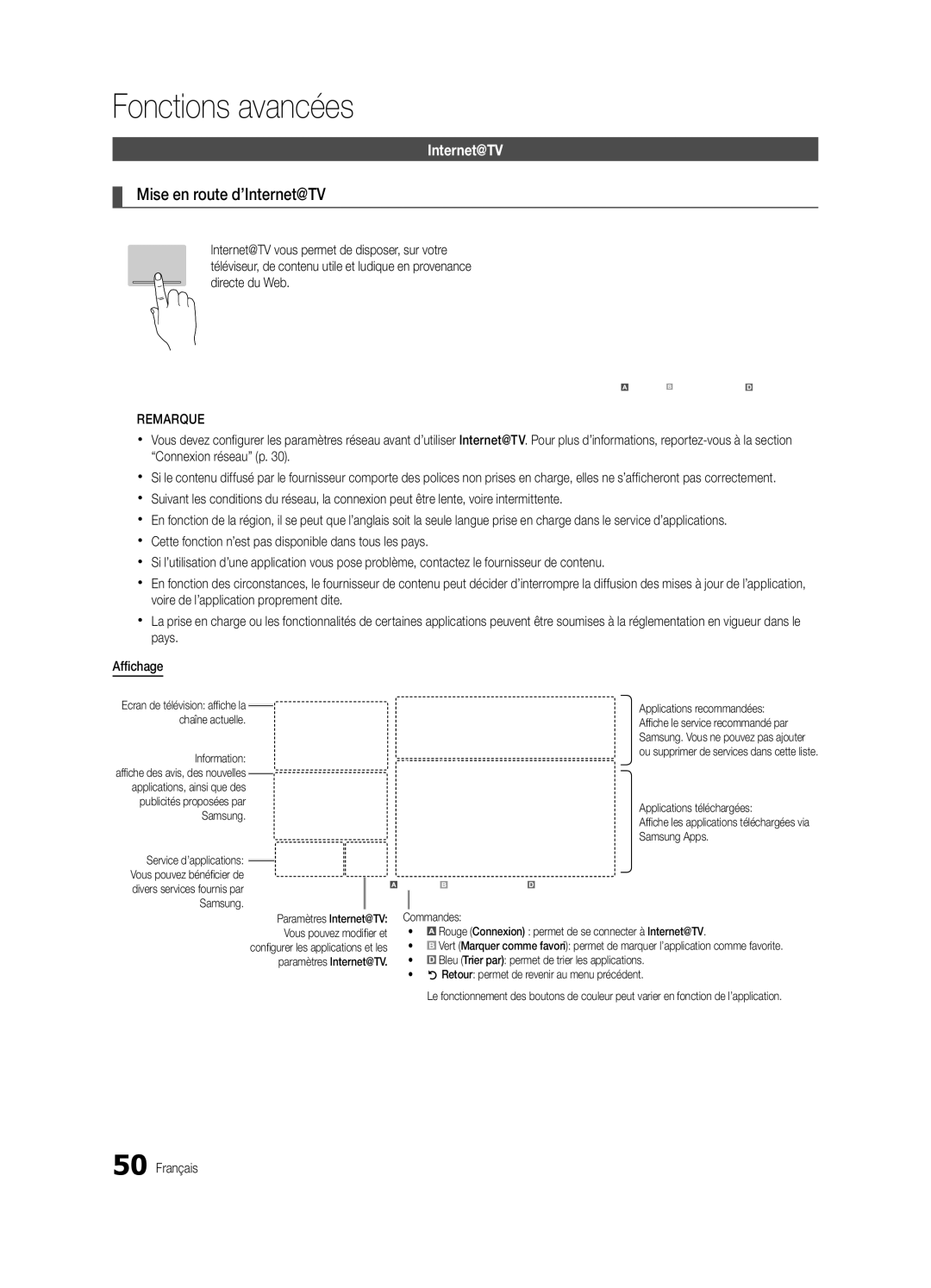 Samsung UE46C7700WSXZG Mise en route d’Internet@TV, Directe du Web, Applications recommandées, Applications téléchargées 