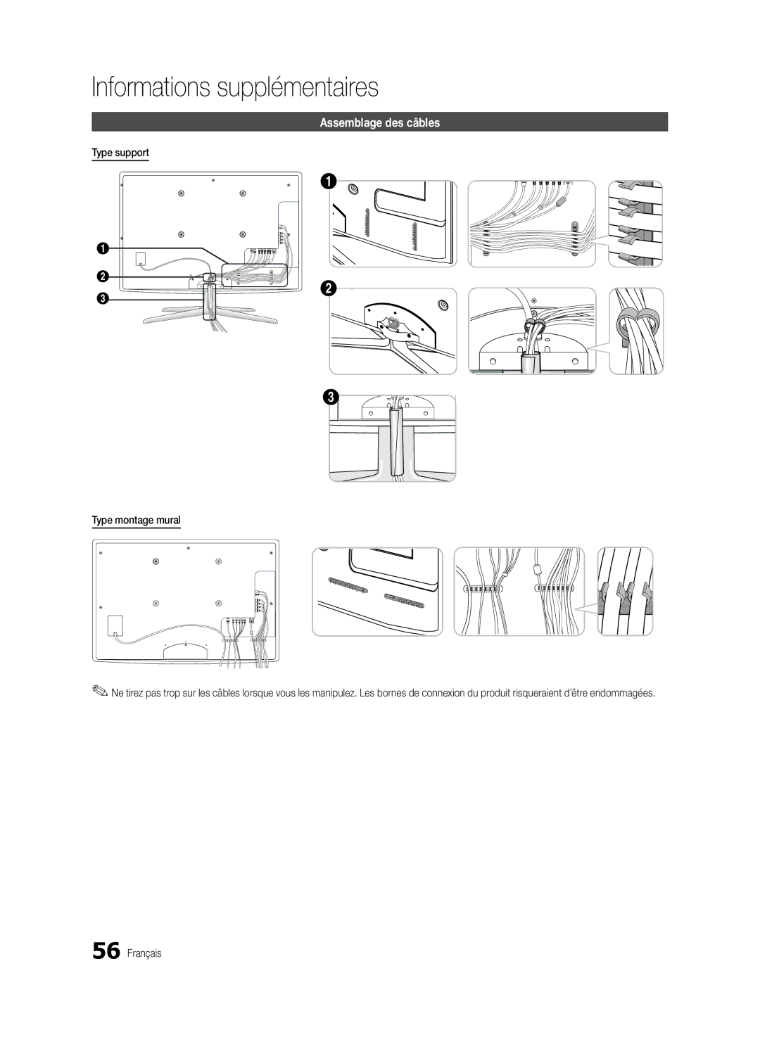 Samsung UE46C7700WZXZG, UE46C7700WSXXN, UE55C7700WSXXN manual Assemblage des câbles, Type support Type montage mural 