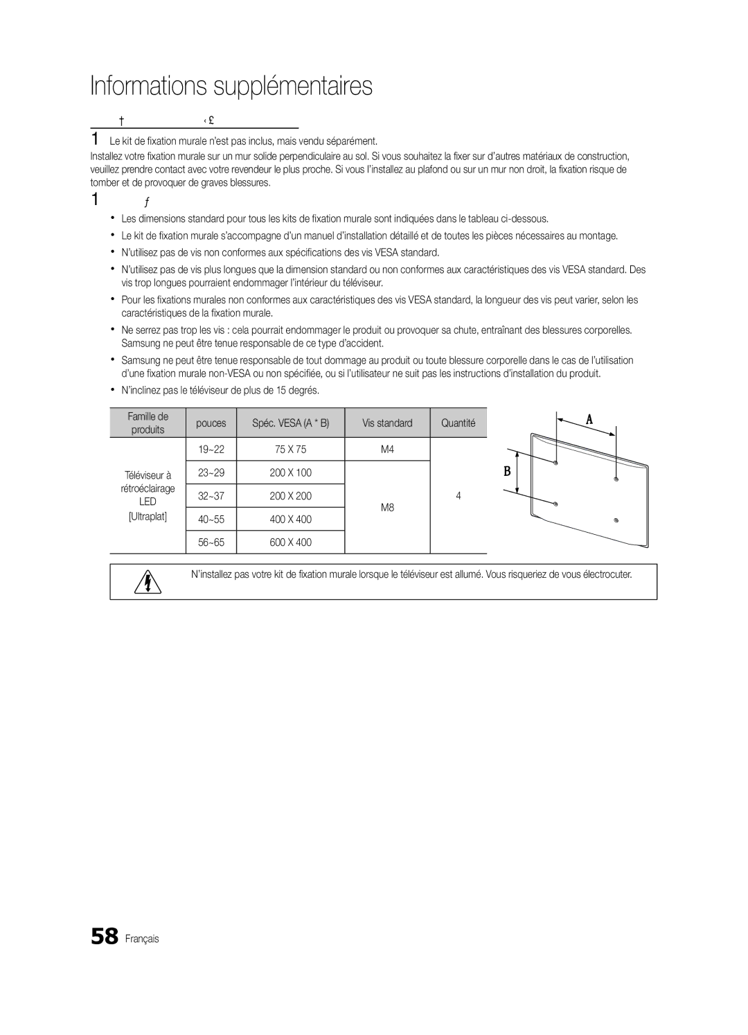 Samsung UE55C7700WSXXN, UE46C7700WZXZG, UE46C7700WSXXN manual Xx N’inclinez pas le téléviseur de plus de 15 degrés, Quantité 