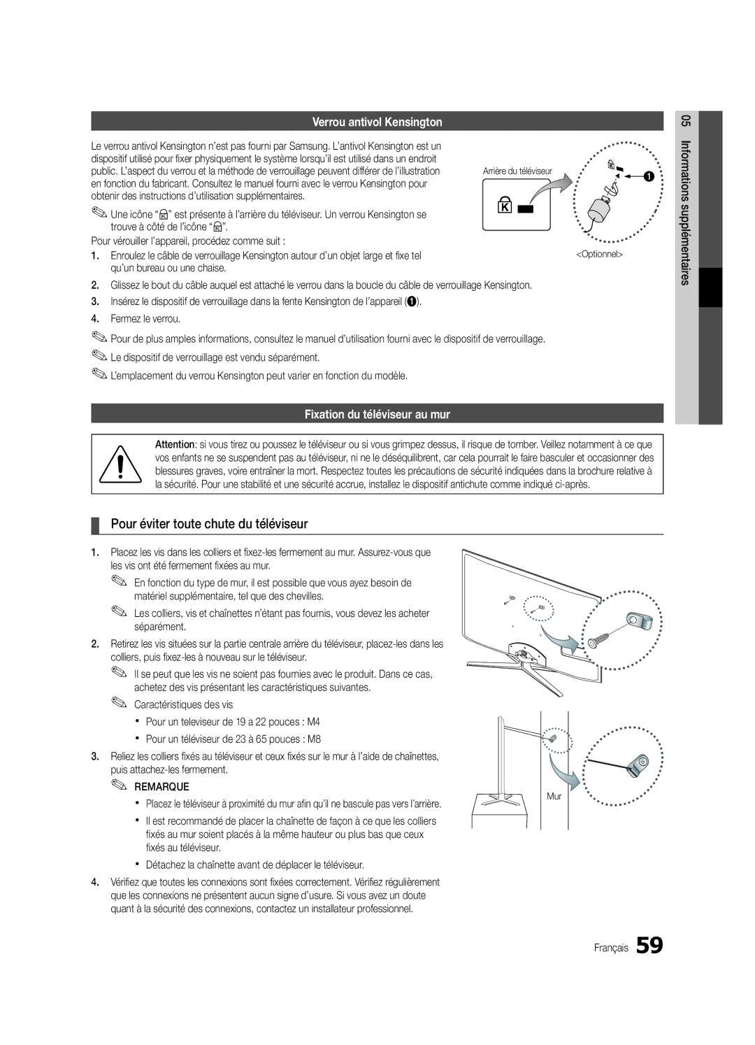 Samsung UE40C7700WSXXN Pour éviter toute chute du téléviseur, Verrou antivol Kensington, Fixation du téléviseur au mur 