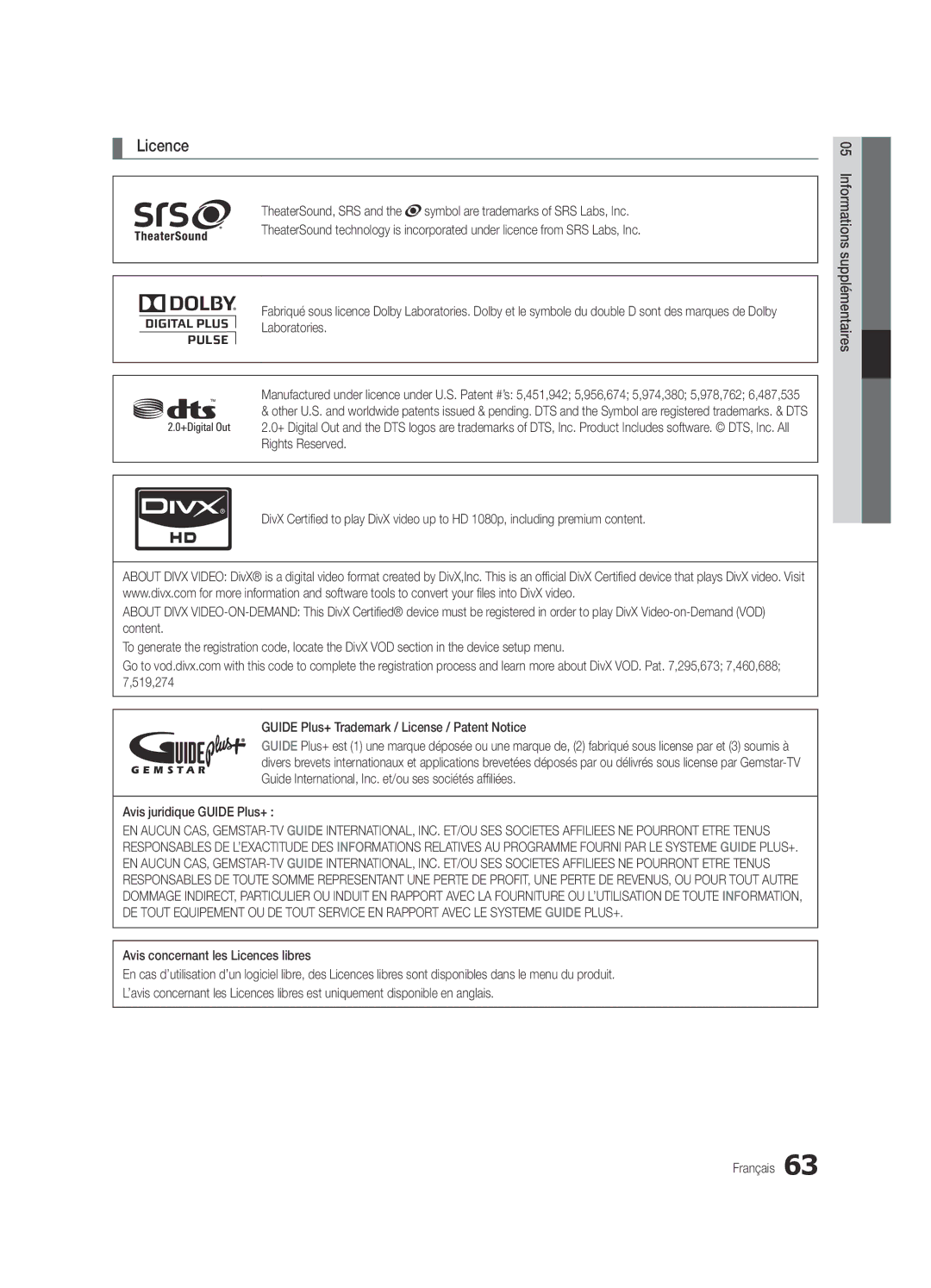 Samsung UE46C7700WSXZF, UE46C7700WZXZG, UE46C7700WSXXN, UE55C7700WSXXN, UE40C7700WSXXN Licence, Avis juridique Guide Plus+ 