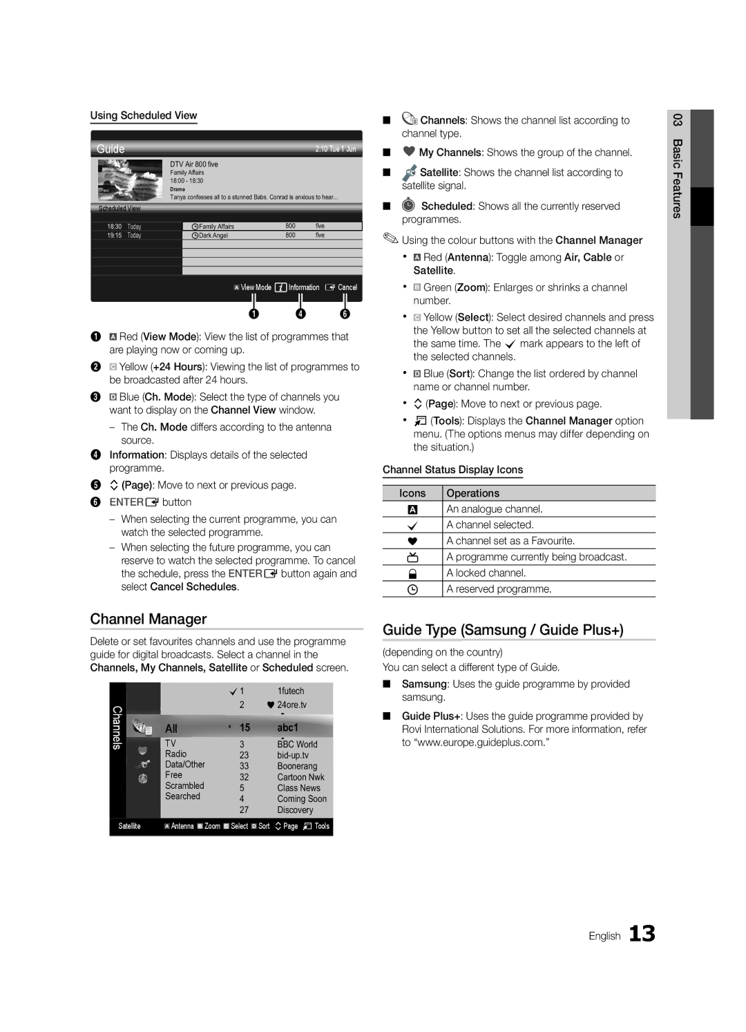 Samsung UE46C7700WSXXN, UE46C7700WZXZG manual Channel Manager, Guide Type Samsung / Guide Plus+, Using Scheduled View 