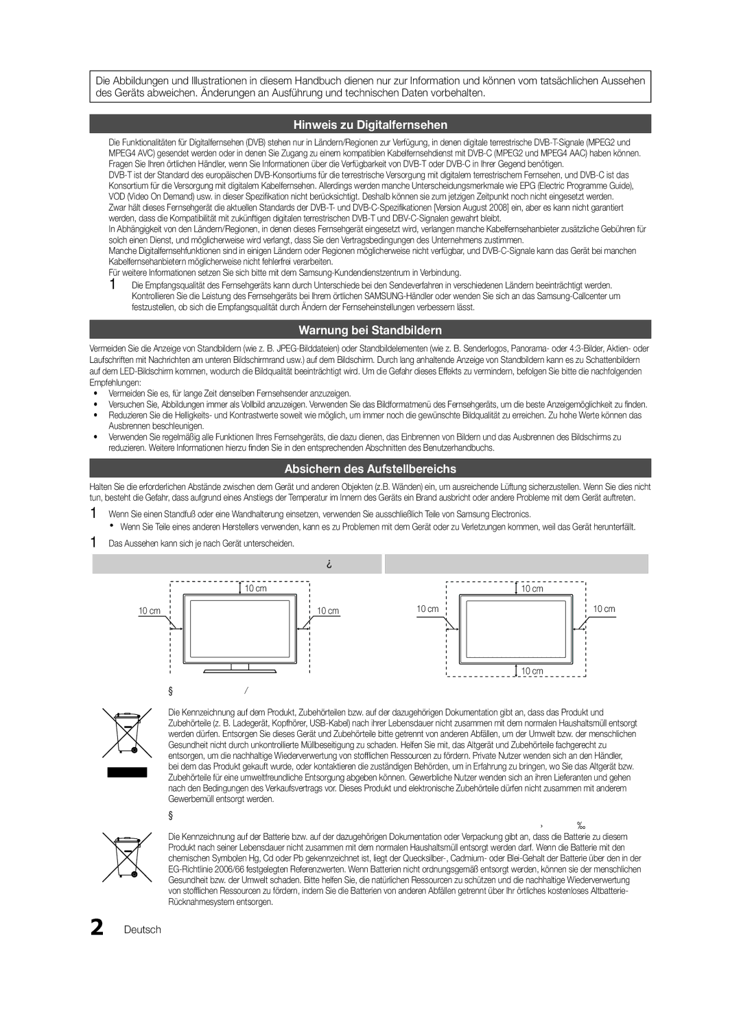 Samsung UE46C7000WWXXH, UE46C7700WZXZG Absichern des Aufstellbereichs, Aufstellen des Geräts mit dem Standfuß, Deutsch 