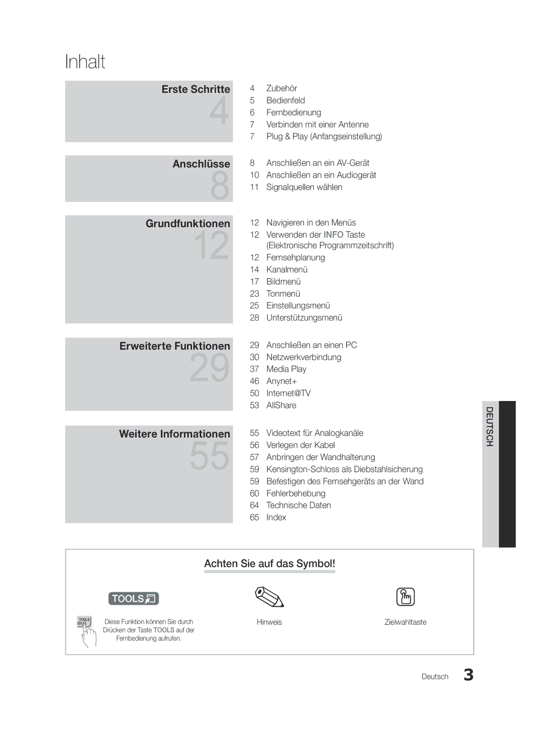 Samsung UE46C7000WWXXC manual Inhalt, Achten Sie auf das Symbol, Verwenden der Info Taste Elektronische Programmzeitschrift 